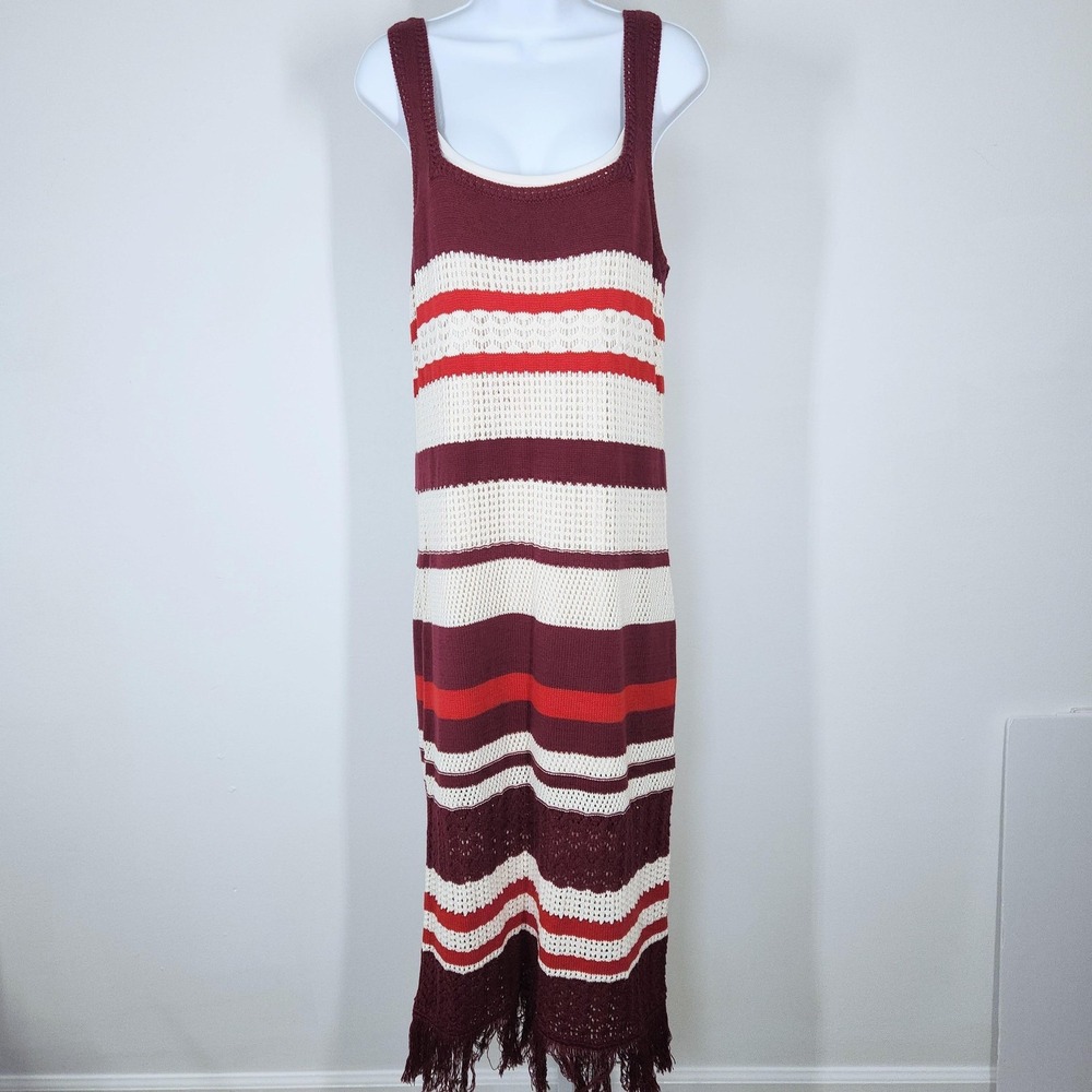 A New Day Dress Womens L Multicolor Stripe Knit Sleeveless Fringe Maxi Lined NEW